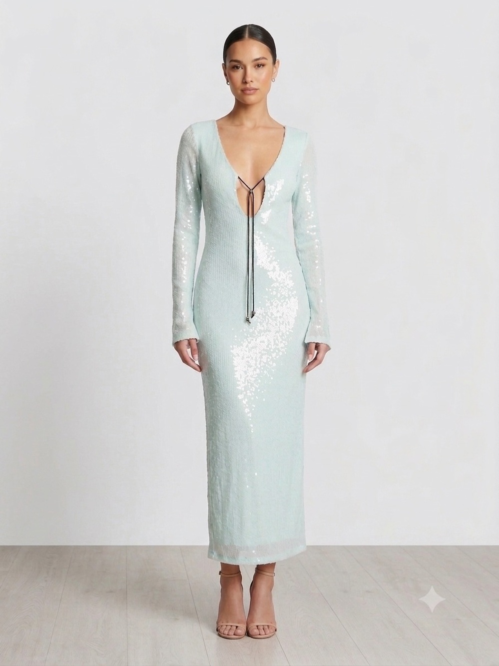 Sequin Mint Green Party Gown Dress Mermaid Deep V Open Back size Small